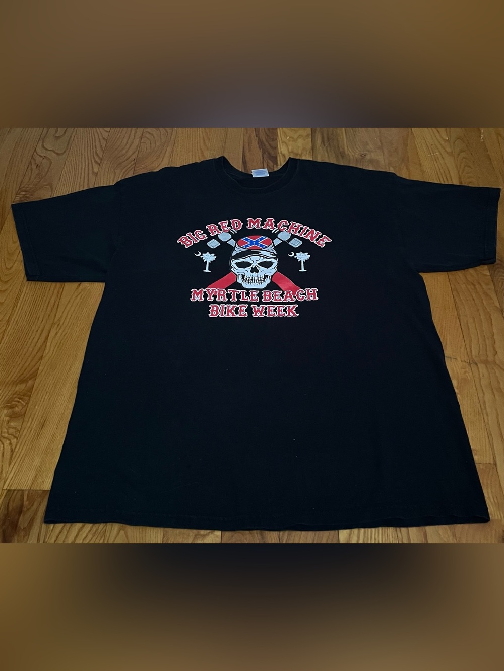 Gildan Black Tee with Red & White Skull Motorcycle Graphic